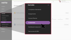 Educator account in Xello. The Features menu is open and the cursor is selecting Credentials